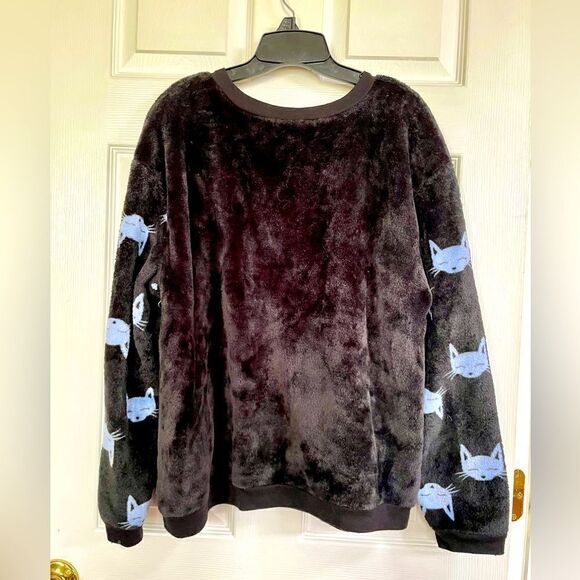 BLACK WASHABLE VELVET & SEQUIN SWEATER with BLUE KITTIES EUC SIZE XXL - Picture 5 of 5